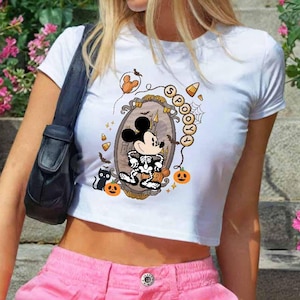 Retro Spooky Mickey Skeleton Halloween Baby Tee Crop Top, Mickey Skeleton Coquette Baby Tee, Disney Trip Halloween 2025, Halloween Baby Tee