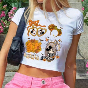 Disney Mickey Halloween Coquette Baby Tee, Disney Halloween Trip Baby Tee Crop Top, Halloween Baby Tee, Disneyland Halloween Baby Tee