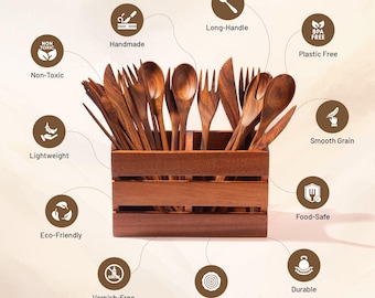 Portacubiertos y organizador de cubiertos de caoba en un organizador de madera de doble compartimento para encimeras de cocina y mesas de comedor. Decoración rústica para el hogar para mamá.