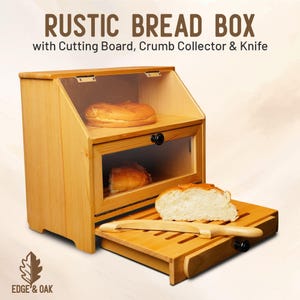 May include: A rustic wooden bread box with a cutting board, crumb collector, and knife. The box has a clear glass door and a sloped top. The text "RUSTIC BREAD BOX" is at the top of the image.