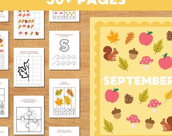 May include: A collection of educational printables for kids, featuring autumn-themed illustrations. The pages include activities like counting, prewriting practice, and coloring. The words "30+ PAGES" and "SEPTEMBER" are visible.