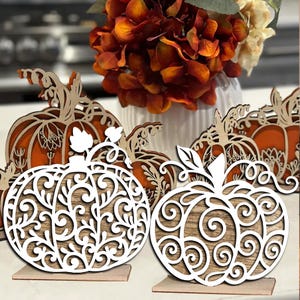 Floral Stacked Pumpkin SVG Cut File, Fall Decor Laser File, Wooden Fall Svg File, Pumkin Set with Stand Svg Download, Decoration Svg