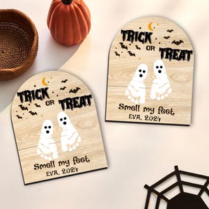 Personalized Halloween Footprint Sign SVG Laser Cut, Trick or Treat Halloween Sign Svg, DIY Halloween Svg, Baby’s First Halloween Svg