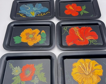 Vintage Hand-Painted Toleware Trays: Floral Black Tin, Signed (Set of 6, 6.5x4.5")
