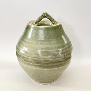 Large Studio Pottery Lidded Jar – Sage Green Glaze, 9” Tall, Hand Thrown Ceramic Vessel, Signed Johnston