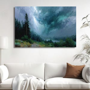 Stormy Forest Landscape Canvas Print Lightning Thunderstorm Wall Art Moody Nature Painting Dark Blue Green Storm Cloud Wall Decor Gift
