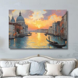 Venice Sunset Wall Art Canvas Romantic Gondola Ride in Italy Cityscape Painting European Italy Travel Decor Wrapped Matte Print Travel Gift