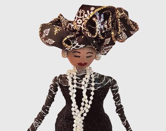 Black Doll with turban, African American Doll, Art Doll, Black Fabric, Christmas Gift, Doll Collector, Medium Face Color, Home Decor