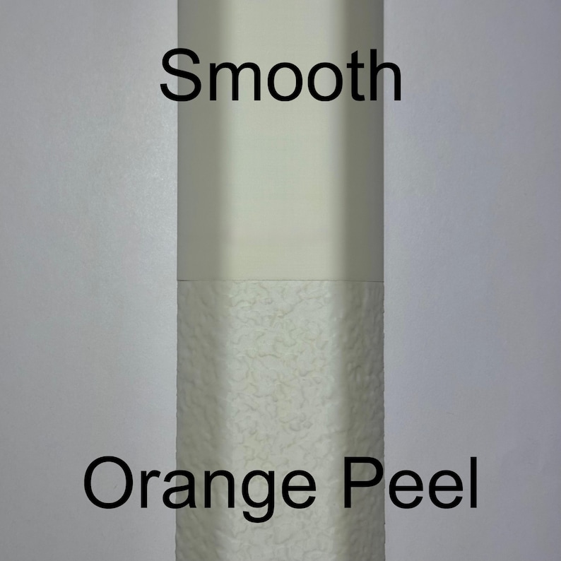 May include: A vertical image demonstrating two surface textures. The upper section is smooth and a pale cream colour, the lower section has an orange peel texture in a similar shade. The words "Smooth" and "Orange Peel" are displayed above and below the textures.