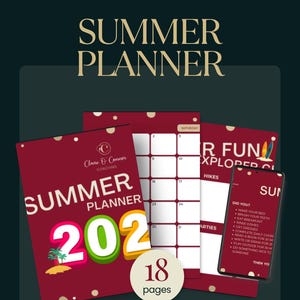 May include: A maroon summer planner with the text "Summer Planner 202" and "18 pages". The planner includes a calendar, a to-do list on a smartphone, and a tropical design. The background is dark green.