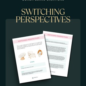 Puede incluir: Un gráfico de color verde azulado oscuro con el texto "COACH CLAIRE CREATIONS" y "SWITCHING PERSPECTIVES" en dorado. Se ven dos papeles blancos con bordes rosas, cada uno con el título "SWITCHING PERSPECTIVES" e ilustraciones de sillas.