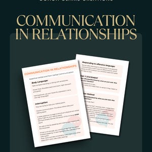May include: A dark teal graphic with the text "COMMUNICATION IN RELATIONSHIPS" in large, gold letters. Two white sheets of paper with text about communication strategies are visible.