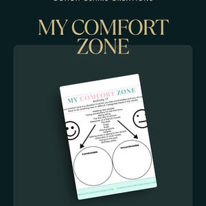 Puede incluir: Gráfico con el texto "MY COMFORT ZONE" y "COACH CLAIRE CREATIONS". El gráfico incluye una lista de actividades y dos círculos etiquetados como "Comfortable" y "Uncomfortable".