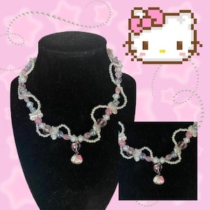 Intertwined Hello Kitty-Inspired Beaded Choker | Pearl & Pastel Handmade Statement Jewelry | Silver Plated (15.5” + 2” Extender)