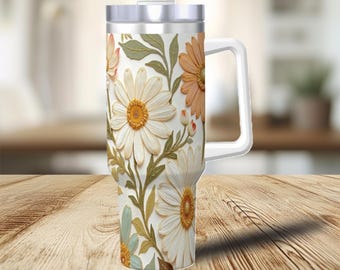 Floral Daisies Travel Cup with Handle & Straw, (40oz), Wildflowers Unique Tumbler, Boho Garden Drinkware, Flower Pattern Insulated Cup