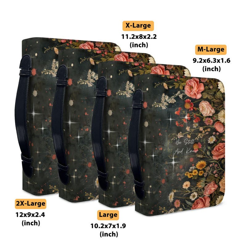 May include: Four floral-patterned tote bags in varying sizes, each with a black handle. The bags feature a dark green background with a floral design in pink, yellow, and white. The text "Be Still And Know" is visible on one bag. Sizes range from 9.2x6.3x1.6 inches to 12x9x2.4 inches.