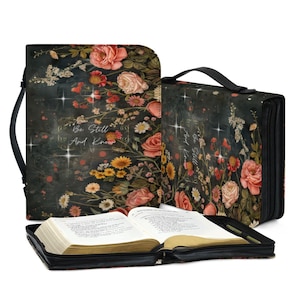 Be Still and Know Bible Cover | Vintage Floral PU Leather Scripture Case | Zippered Christian Organizer | Gift for Her |