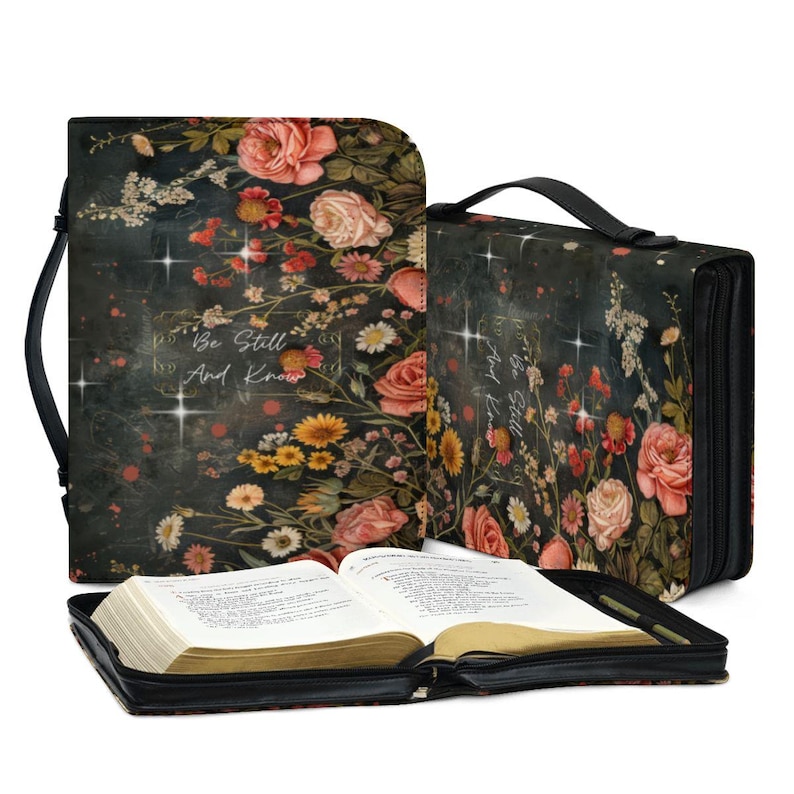 Be Still and Know Bible Cover | Vintage Floral PU Leather Scripture Case | Zippered Christian Organizer | Gift for Her |