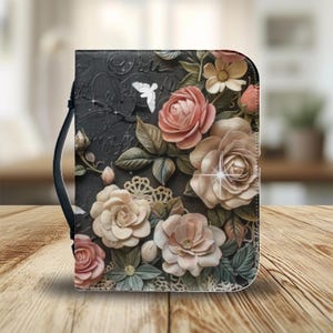 Vintage Lace Fabric Design PU Leather Bible Cover, Floral Bible Cover with Zipper, Christian Gift for Women, Elegant Bible Carrying Case