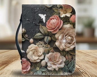 Vintage Lace Fabric Design PU Leather Bible Cover, Floral Bible Cover with Zipper, Christian Gift for Women, Elegant Bible Carrying Case