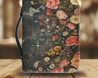 Soyez calme et sachez Couverture de la Bible | Étui pour écriture vintage en cuir PU à fleurs | Organiseur chrétien à fermeture éclair | Cadeau pour elle |
