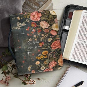 Be Still and Know Bible Cover | Vintage Floral PU Leather Scripture Case | Zippered Christian Organizer | Gift for Her | Matching Tumbler
