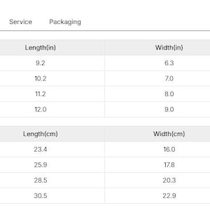 May include: A size guide table with measurements in inches and centimeters. The table includes sizes M, L, XL, and 2XL, with corresponding lengths, widths, and heights. The inch measurements range from 9.2 to 12.0 inches in length.