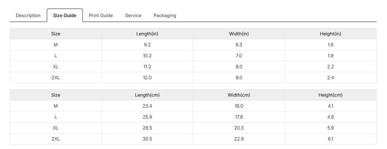 May include: A size guide table with measurements in inches and centimeters. The table includes sizes M, L, XL, and 2XL, with corresponding lengths, widths, and heights. The inch measurements range from 9.2 to 12.0 inches in length.