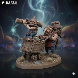 Può includere: Figurina in miniatura dettagliata raffigurante due creature simili a goblin. Una è appollaiata su un carretto di legno, che guarda attraverso un tronco, mentre l'altra spinge il carretto. Il carretto è pieno di tesori.