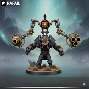 May include: A detailed miniature figure of a mechanical humanoid with a steampunk aesthetic. The figure is primarily dark blue and bronze, with intricate mechanical arms and a head featuring orange eyes. The base is a circular platform with a sandy texture. The logo "RAFAIL" is in the top left corner.