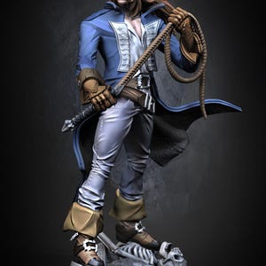 May include: A detailed figurine of a character in a blue coat, white shirt, and white trousers, holding a whip and a sword. The figure has long brown hair and is standing on a base with a skull and bones. The figure is wearing brown boots and gloves.