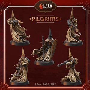 May include: Miniature figurines of +PILGRIMS+ in beige robes and pointed hoods, some armed with rifles, swords, and shields. The Crab Miniatures logo is at the top. The base size is 25mm.