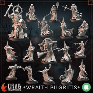 May include: A collection of miniature figurines of Wraith Pilgrims, each in a unique pose and holding various weapons or objects. The figures are predominantly white with intricate details, set against a dark background. The text "CRAB MINIATURES + WRAITH PILGRIMS+" is visible.