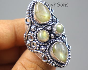 Vintage Labradorite Sterling Silver Ring, Filigree Boho Statement