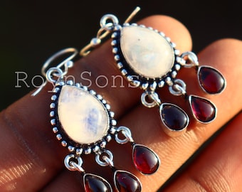 Moonstone Garnet Dangle Earrings | Sterling Silver Boho Jewelry