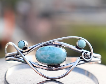 Vintage Larimar Edelstein Armreif | Atemberaubendes 925er Silber verstellbares Armband | Bitte Edelstein auswählen!