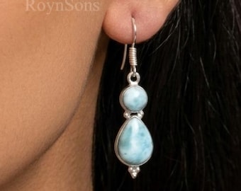 Stunning Larimar Earrings, 925 Sterling Silver Dangle Earrings, Natural Blue Caribbean Gemstone Jewelry, Ocean Inspired Elegant Gift for Her