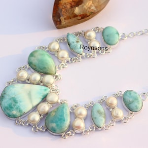 Natural Larimar and Pearl gemstone Heart necklace| Charming silver necklace| Stunning Larimar and Pearl necklace| Handmade necklace|