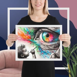 Póster de papel mate enmarcado colorido sobre el tema del arte infantil y familiar.