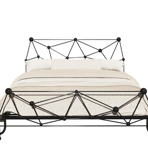 May include: A black metal bed frame featuring a geometric, angular lattice design on both the headboard and footboard. The frame is constructed from thin, dark metal rods connected by small spheres, supporting a bed with light beige bedding.
