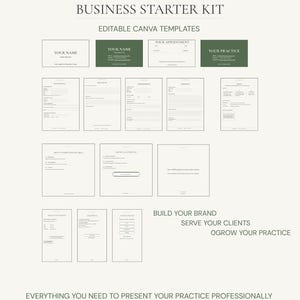 May include: A therapist business starter kit featuring editable Canva templates. The collection includes business cards, appointment cards, and various client forms with dark green and white color schemes. Text includes Therapist Business Starter Kit, Build Your Brand, Serve Your Clients, Grow Your Practice, and Everything You Need To Present Your Practice Professionally.