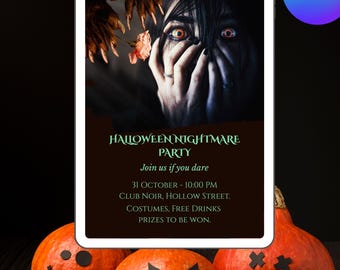 May include: A digital tablet displays a Halloween party invitation with a spooky image and text. Three carved pumpkins with different faces sit in front of the tablet. The invitation reads "HALLOWEEN NIGHTMARE PARTY".