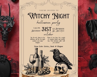 Può includere: Un invito beige per una festa di Halloween con il testo "Witchy Night" e "halloween party". L'invito include illustrazioni di un bicchiere di vino, bottiglie, uva, un corvo e un teschio. Il codice di abbigliamento è gotico, scuro ed elegante.