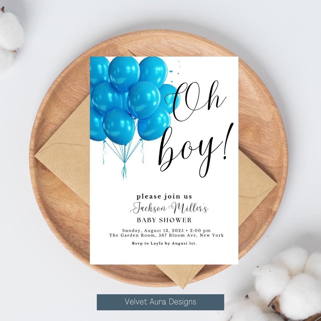 Blue Balloons Baby Shower Invitation: Editable Baby Boy Birthday Party ...