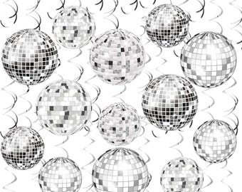 54 Pieces Disco Party Decorations Sliver Disco Ball Hanging Swirls 70s Ceiling Decor for 70s Fever Hippie Birthday Party Supplies