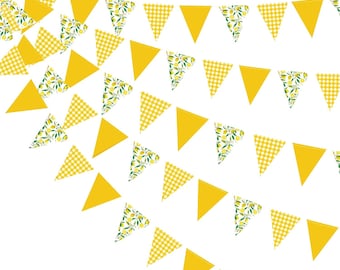 44Ft Lemon Plaid & Floral Triangle Banner – Yellow Hanging Garland for Wedding, Bridal Shower and Birthday Party Decorations