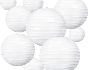 May include: A collection of white paper lanterns in various sizes. The lanterns are round with horizontal pleats, and each has a small metal hook at the top for hanging. The lanterns are arranged against a white background.