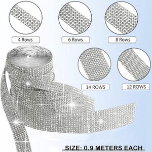 May include: A silver rhinestone ribbon roll featuring a grid of sparkling crystals. The image displays five circular insets showing variations of 4, 6, 8, 12, and 14 rows of rhinestones. The text on the image indicates a length of 0.9 meters each.