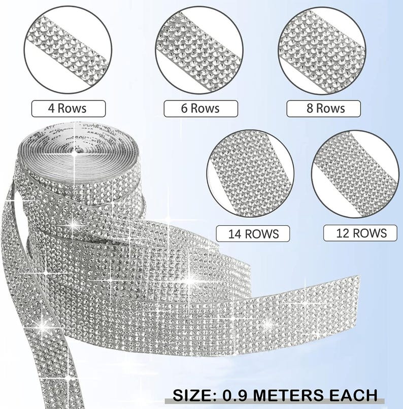 May include: A silver rhinestone ribbon roll featuring a grid of sparkling crystals. The image displays five circular insets showing variations of 4, 6, 8, 12, and 14 rows of rhinestones. The text on the image indicates a length of 0.9 meters each.