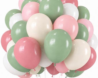 50pcs Pink & Green Balloons, 12 Inch Sage, Olive, Light Pink ,Sand White Balloons for Boho Birthday, Wedding, Bridal and Baby Shower Decor